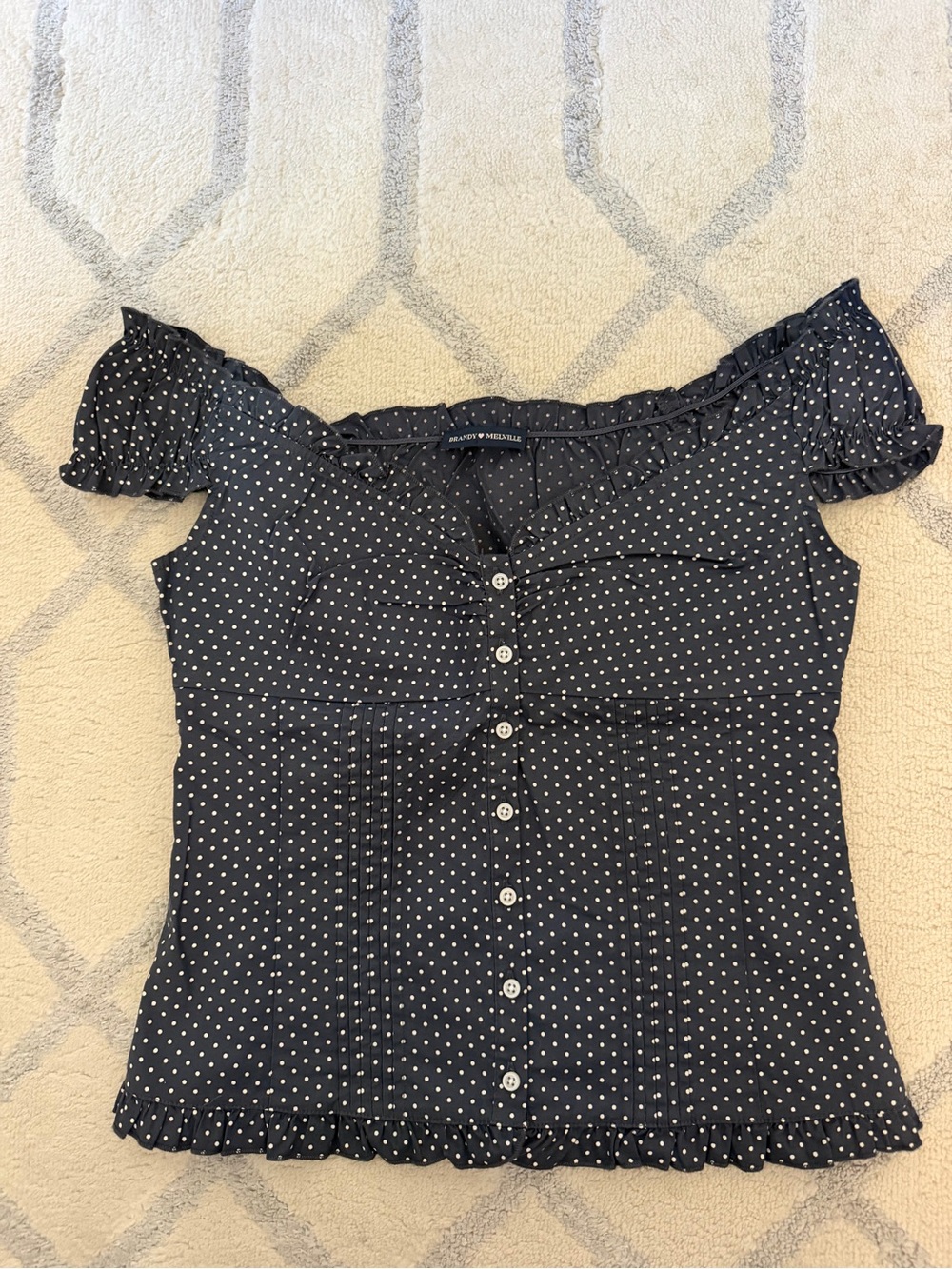 Brandy Melville - Navy Polka Dot Off-Shoulder Button Front Top